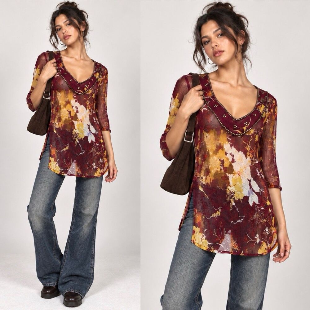 Soft Surroundings Sheer Crinkle Beaded Tunic Top S Whimsigoth Burgundy Y2K VTG
